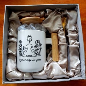 "a journey to you/unplugged goddess" Coffee Tea Mug Cup w Lid Gold Spoon in Box